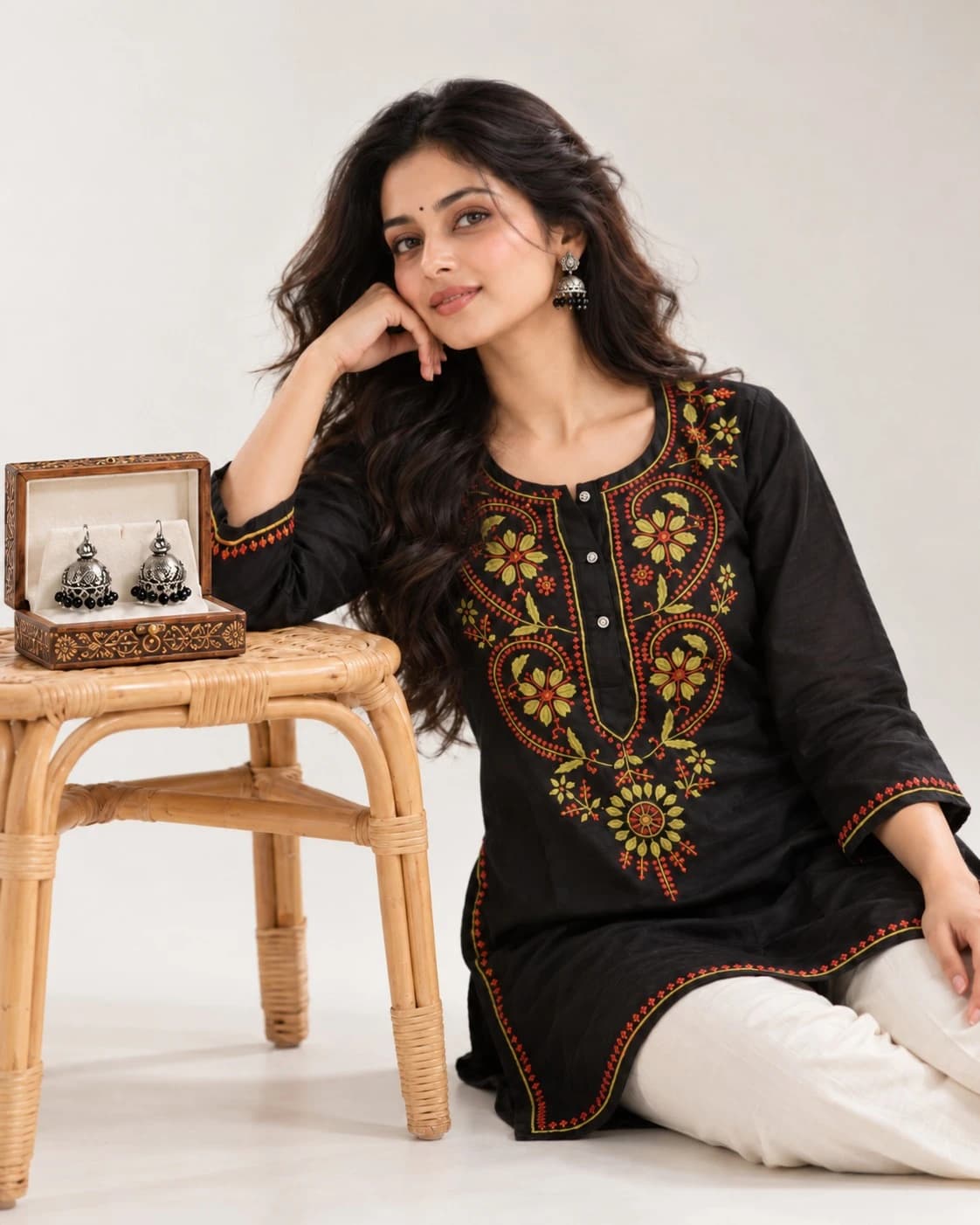 Handcrafted Midnight Black Cotton Silk Short Kurti (Size 42 / XL)