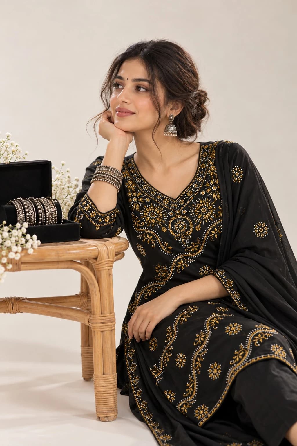 Black chikankari 3-piece suit set with bangles
