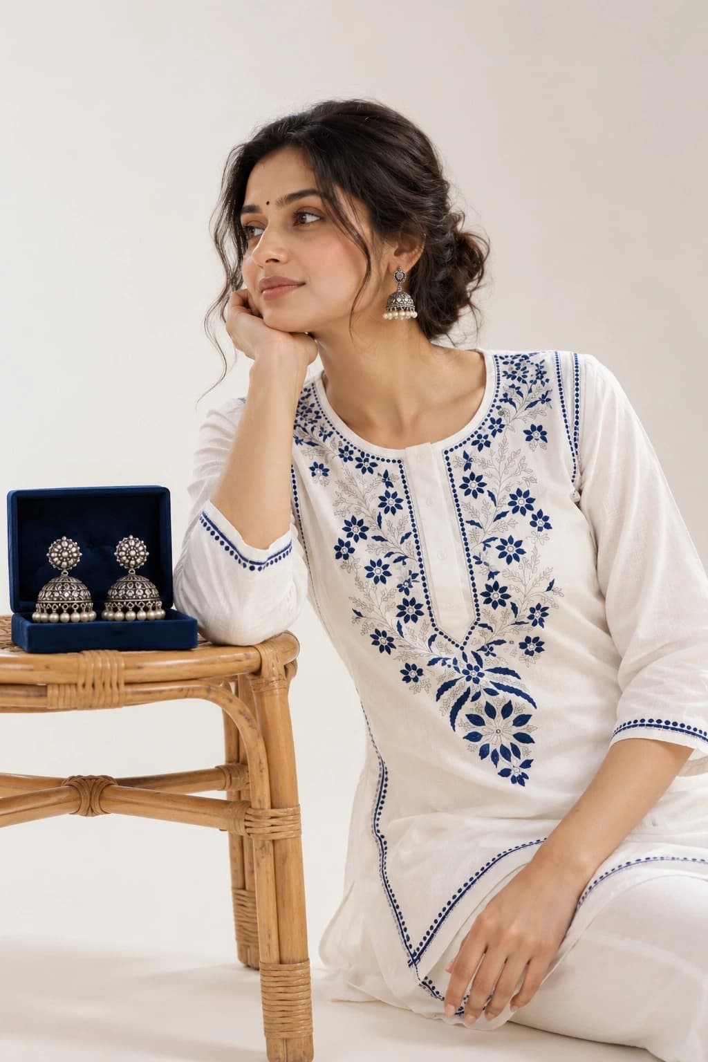 Hand Embroidered White & Navy Indigo Chikankari Short Kurti