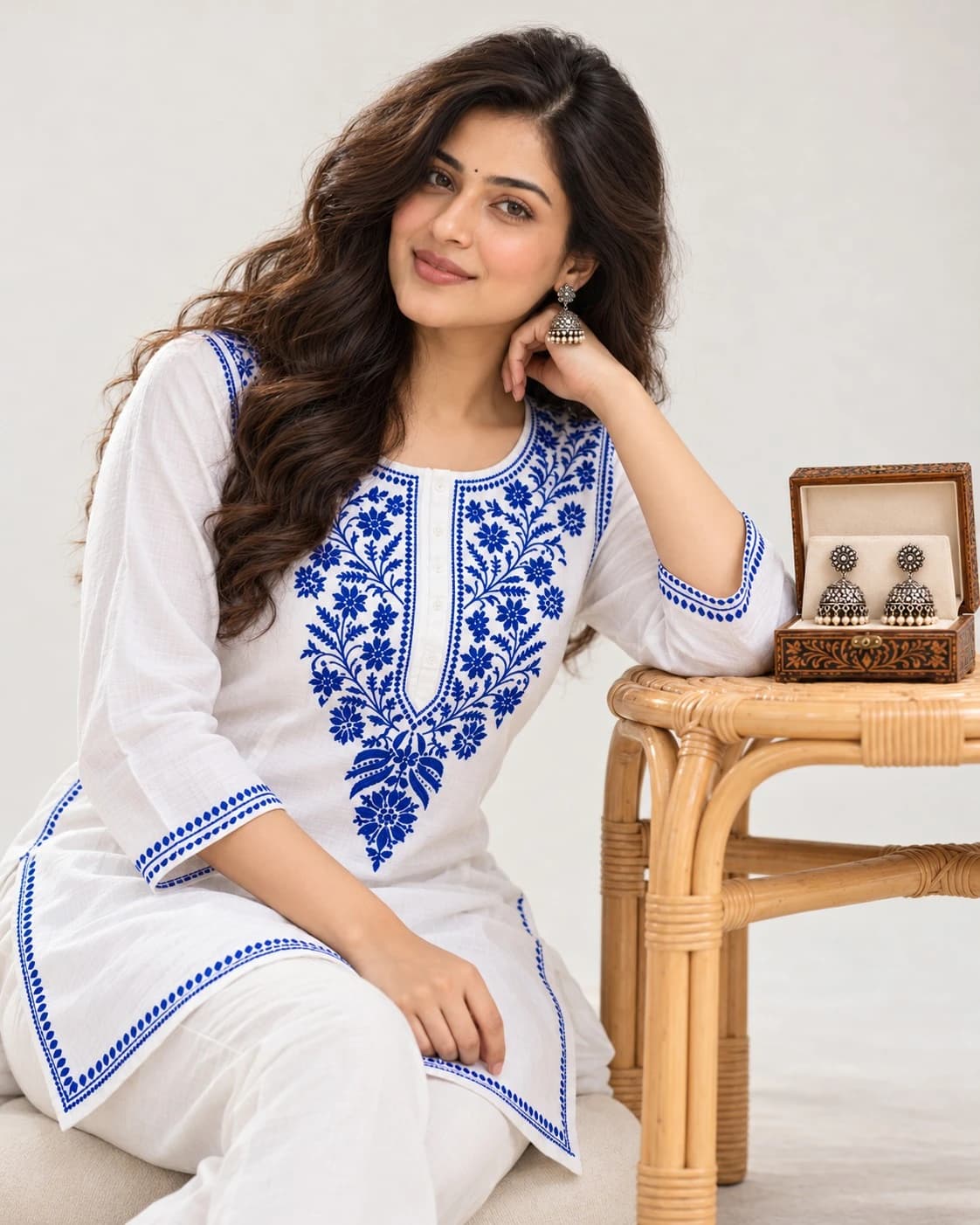 Hand Embroidered White & Royal Blue Chikankari Short Kurti