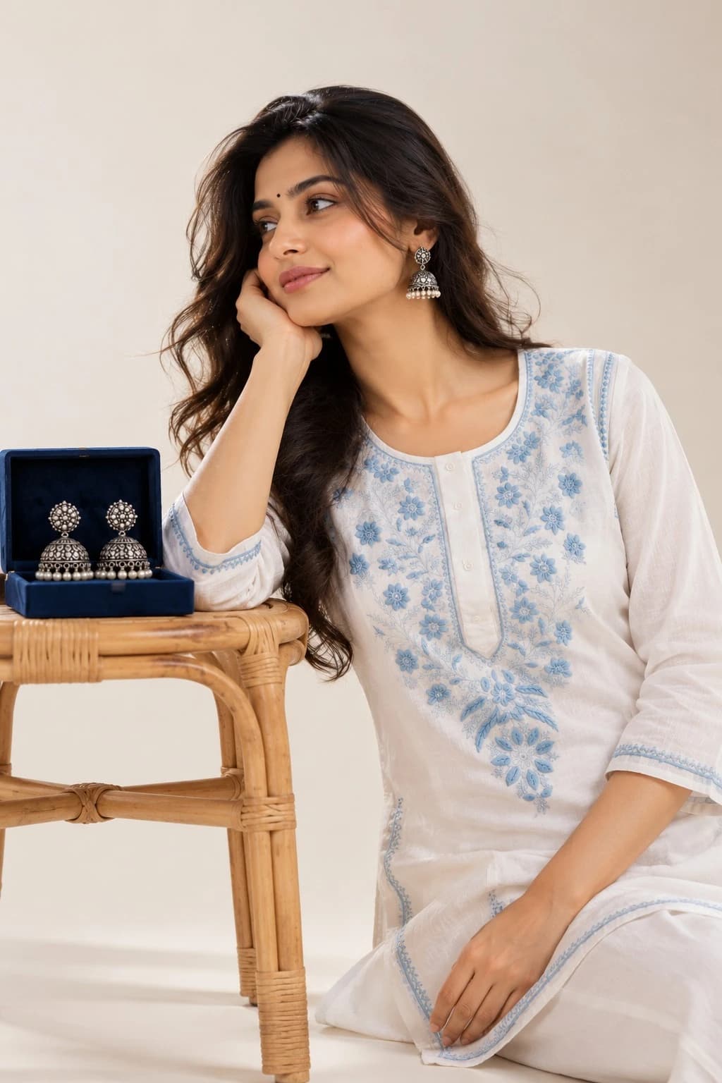 Hand Embroidered White & Sky Blue Chikankari Short Kurti