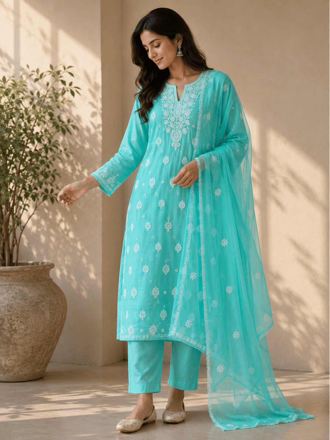 Aqua Marine Turquoise Chikankari 3-Piece Unstitched Suit Set