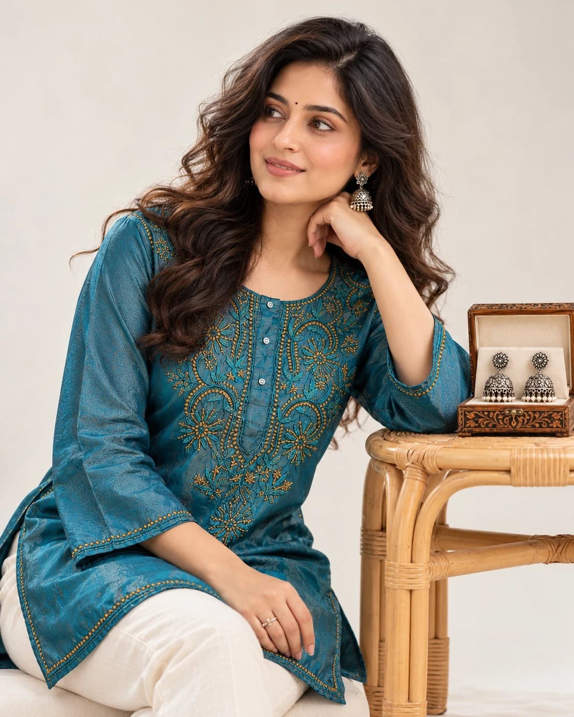 Handcrafted Peacock Teal Silk Short Kurti (Size 42 / XL)