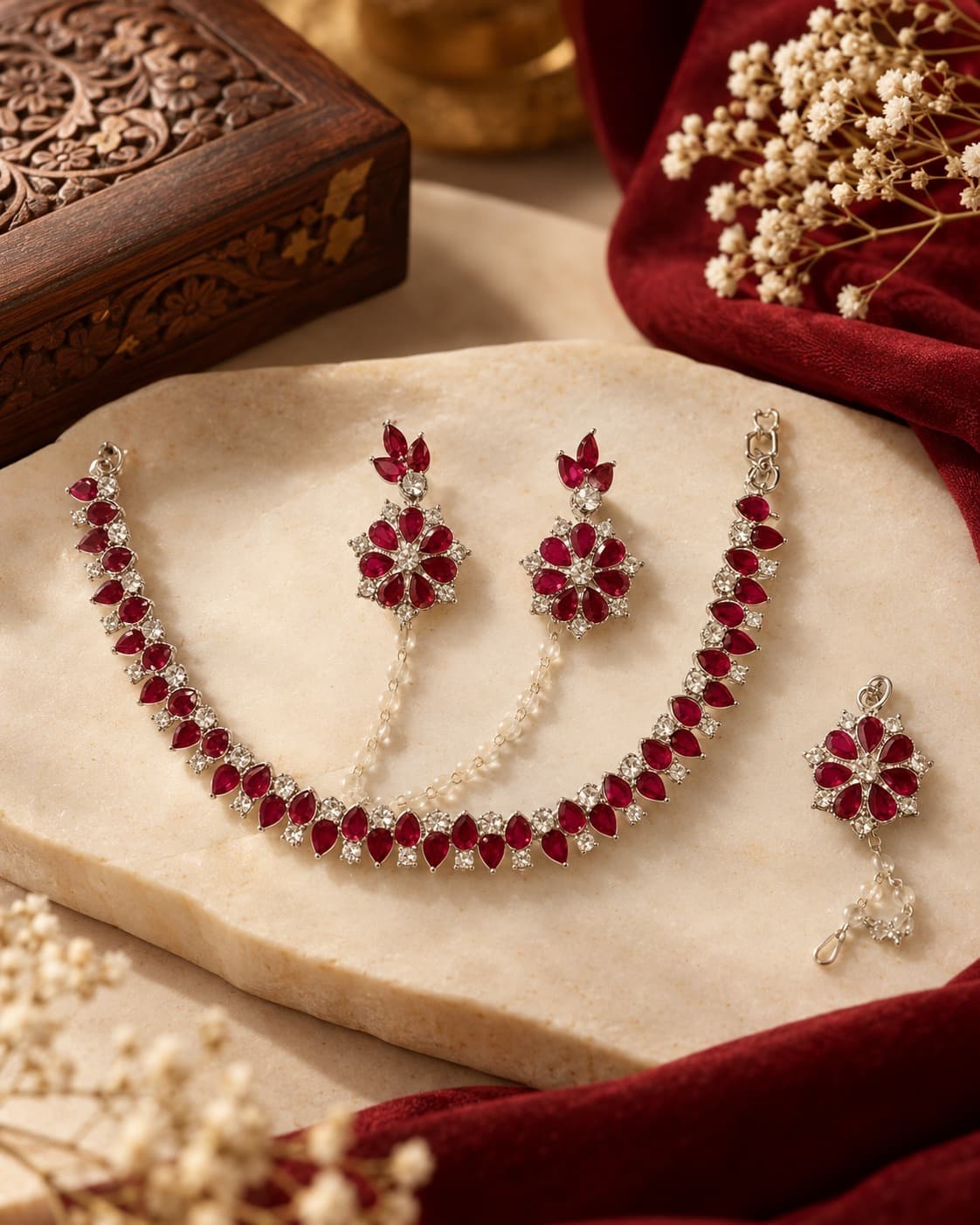 Royal Crimson Ruby Red Crystal Choker Necklace Set