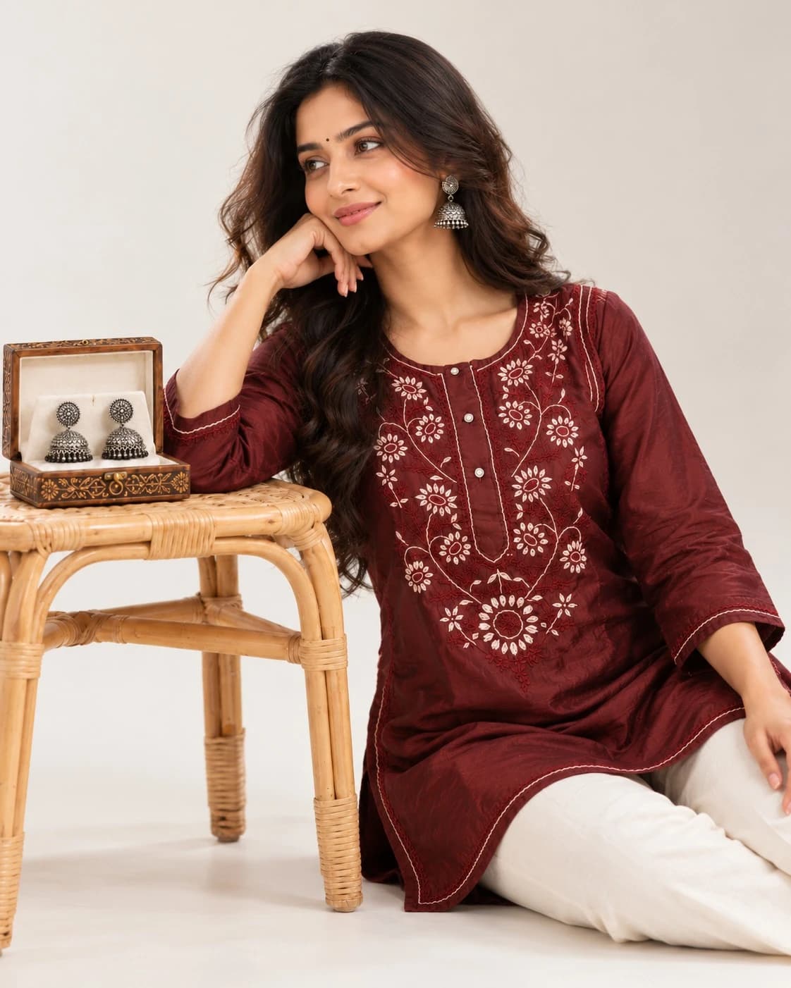 Wine maroon silk short kurti with jhumkas