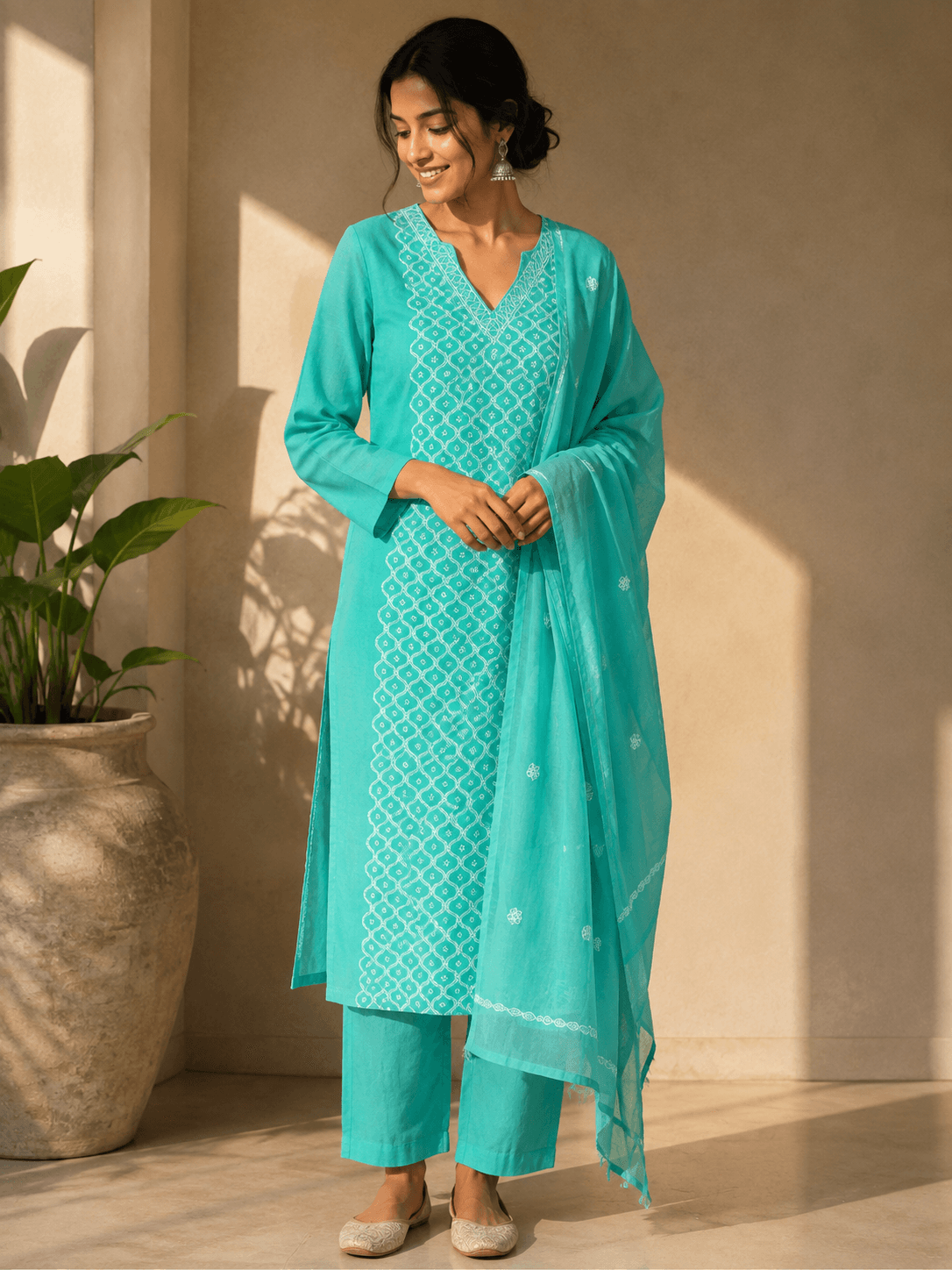 Peacock Teal Chikankari 3-Piece Unstitched Suit Set