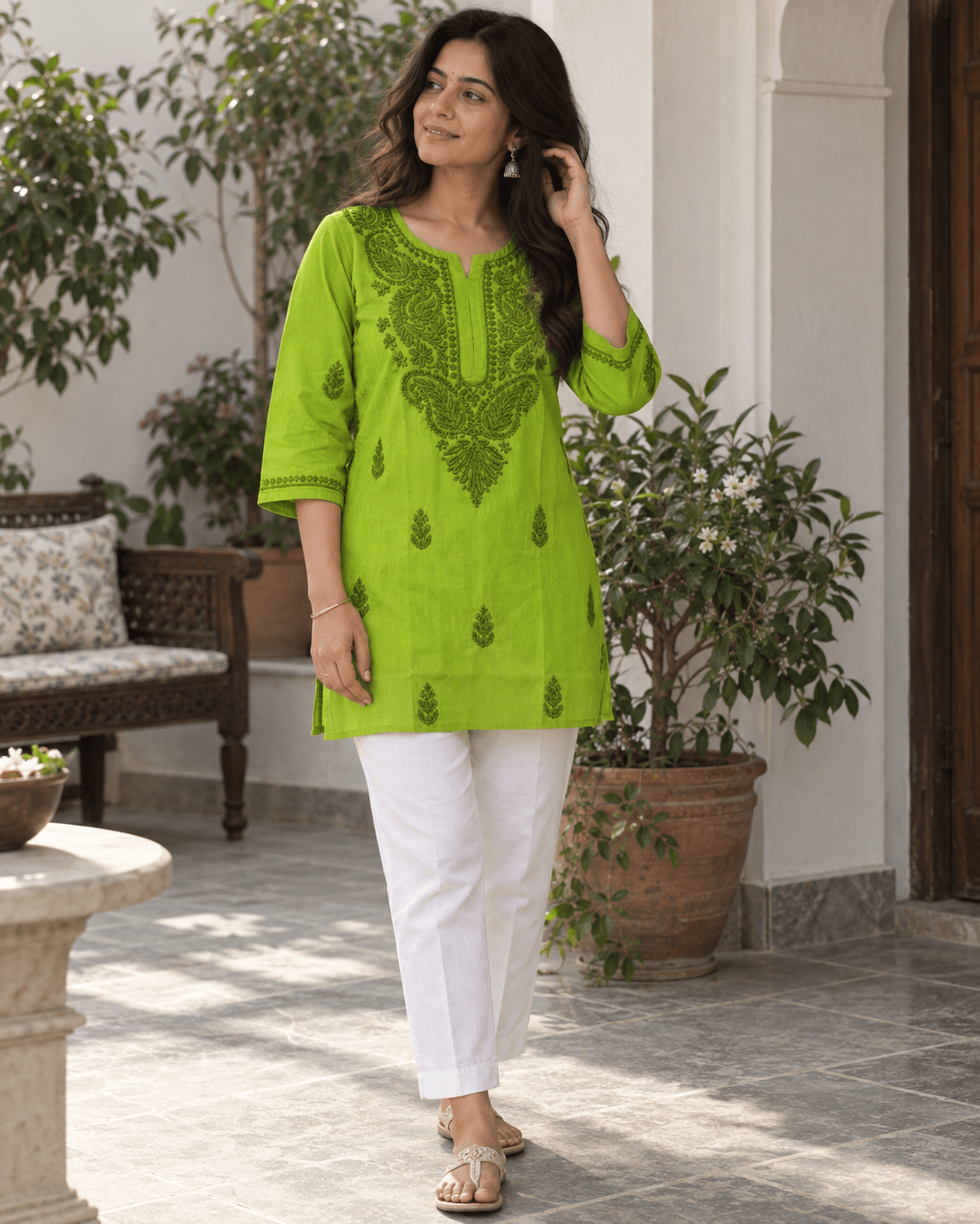 Vibrant Lime Green Embroidered Short Cotton Kurti