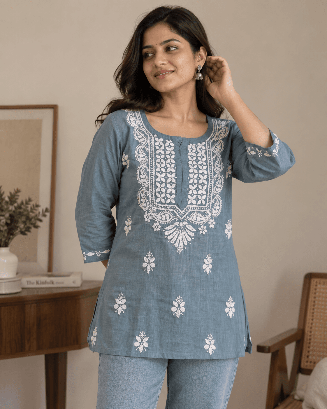 Slate Grey-Blue Embroidered Short Cotton Kurti