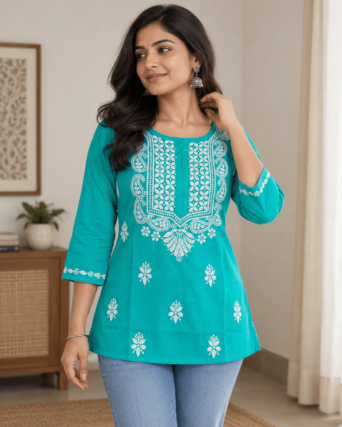 Turquoise Teal Embroidered Short Cotton Kurti