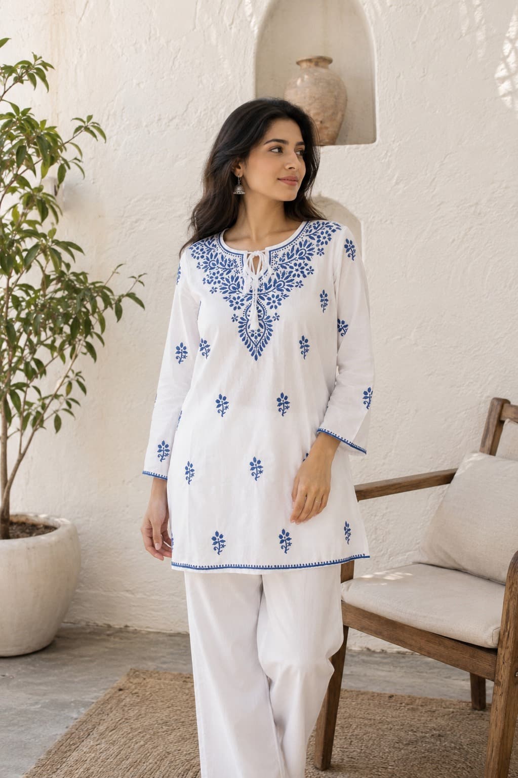 Royal Indigo White Chikankari Short Kurti