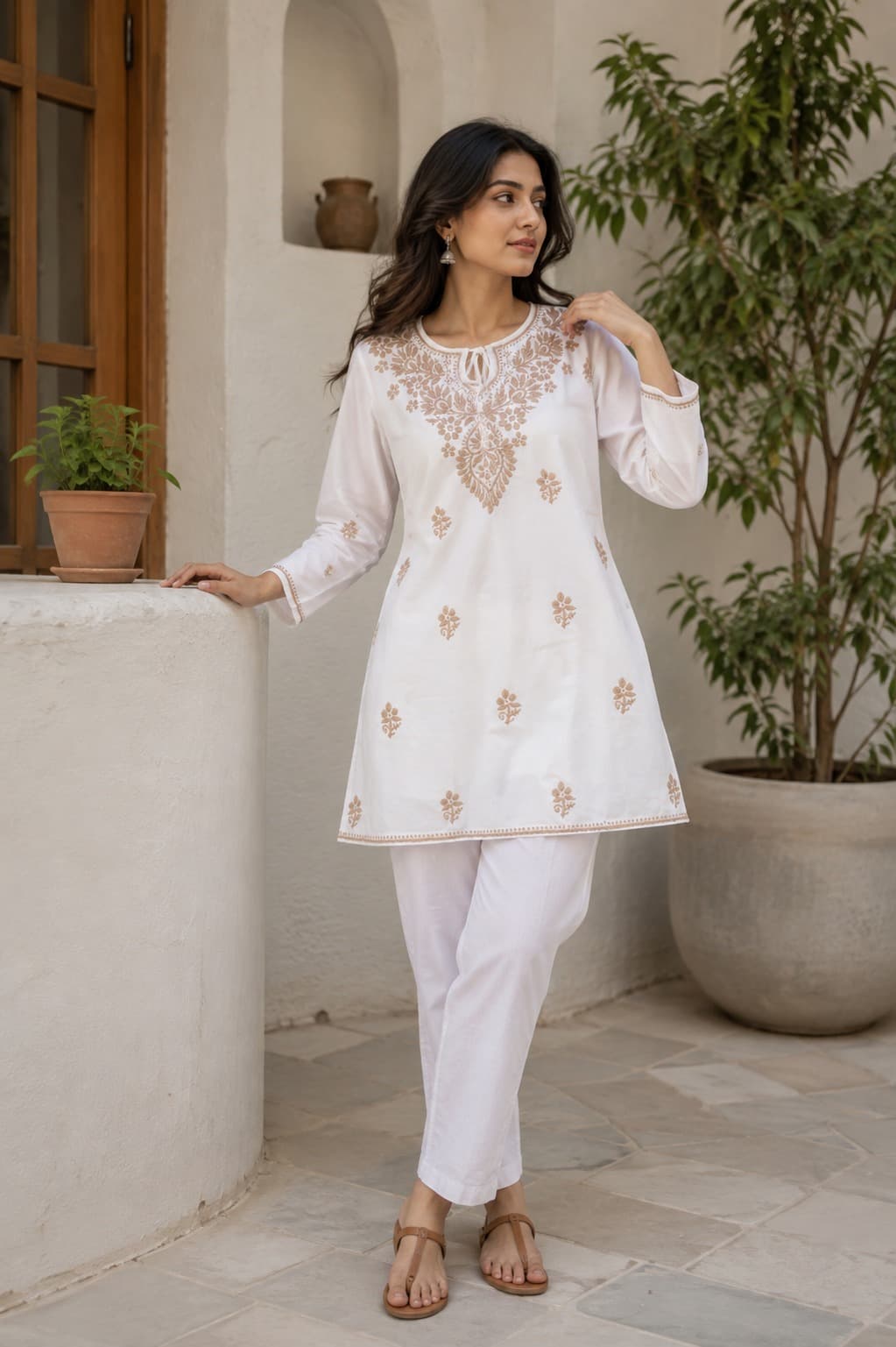 Rose Gold Beige Chikankari Short Kurti