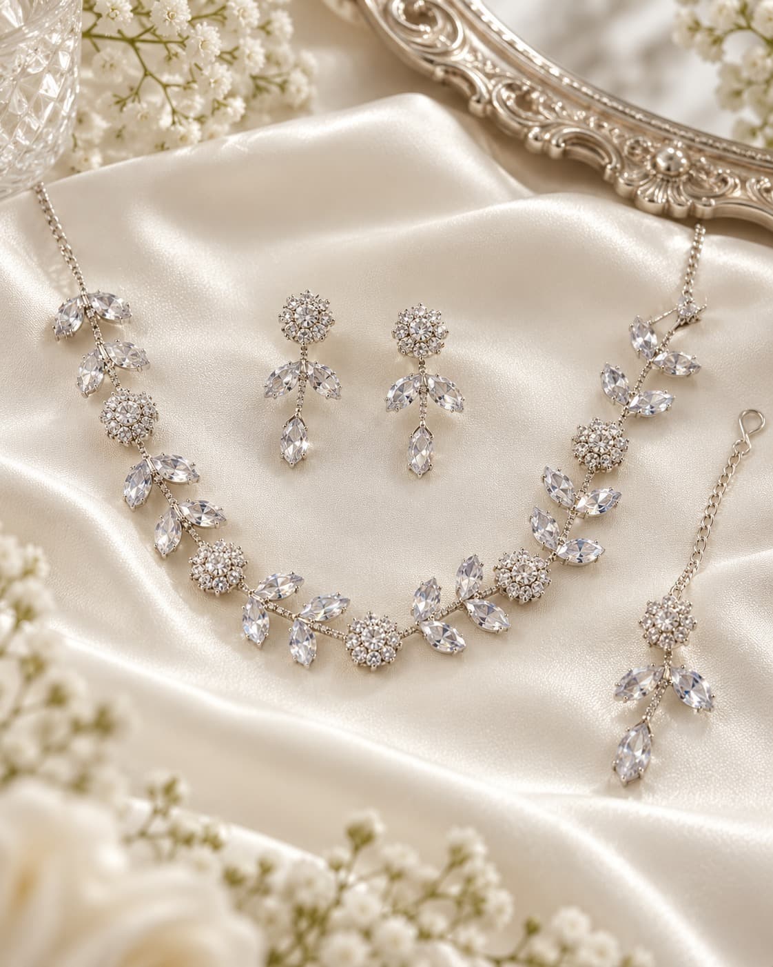 Glistening Sparkling Leaf Silver Necklace Set