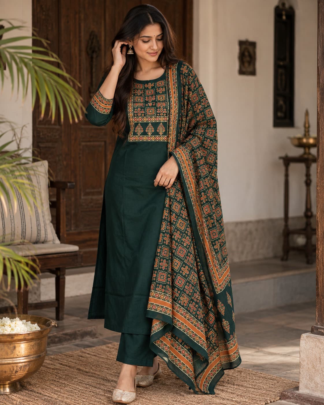 Emerald Bottle Green Stitched Suit Set
