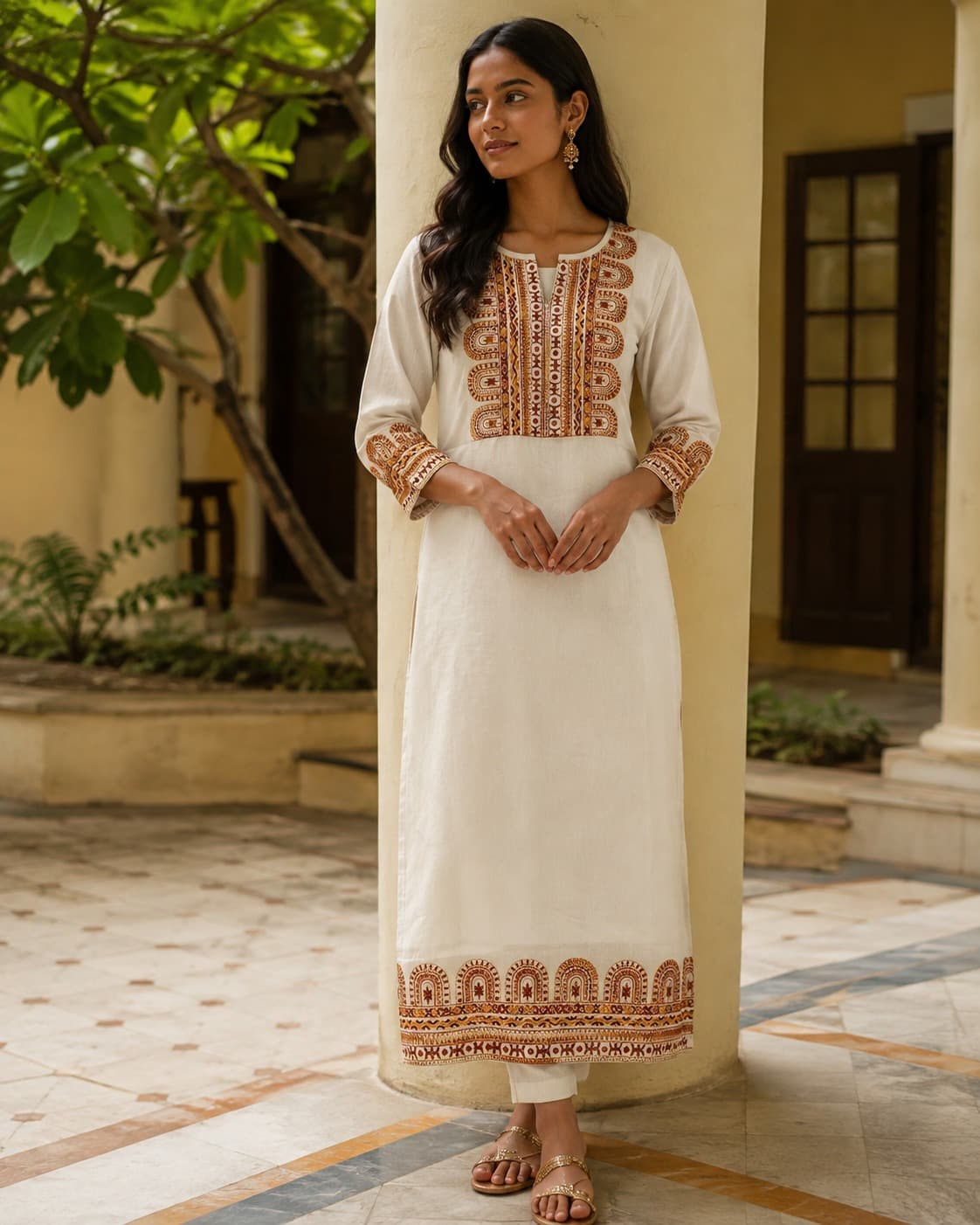 Ivory Cream & Ochre Embroidered Stitched Suit Set