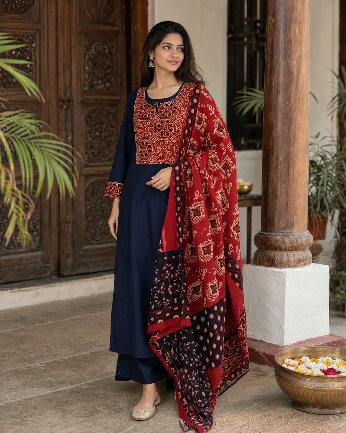 Navy Blue & Crimson Maroon Stitched Suit Set